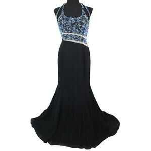 Vintage Mike Benet Formals Blue Sequin Chiffon Mermaid Dress Gown Halter 6 Prom